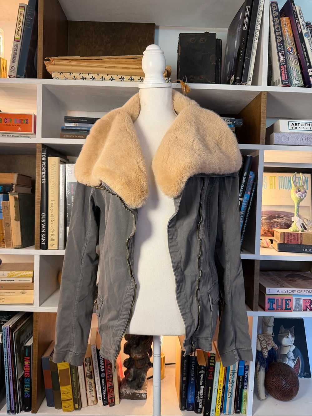 Womens Faux Fur Collar Jacket - Taupe/Beige